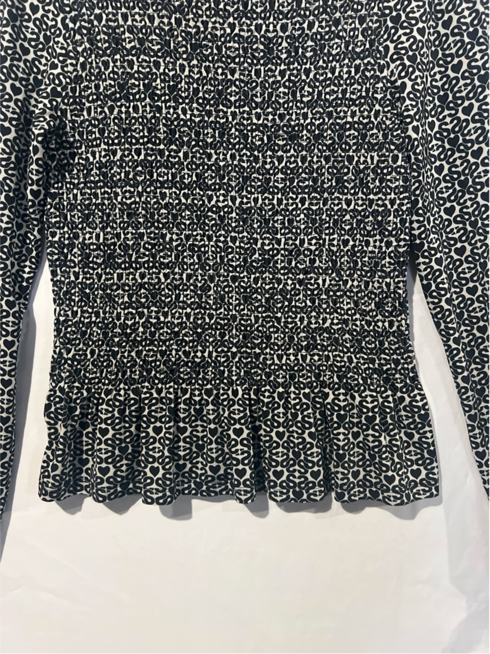 Sandro Blouse Women’s Size 0 Black Monogram Print Mockneck Smocked Top - Picture 7 of 16